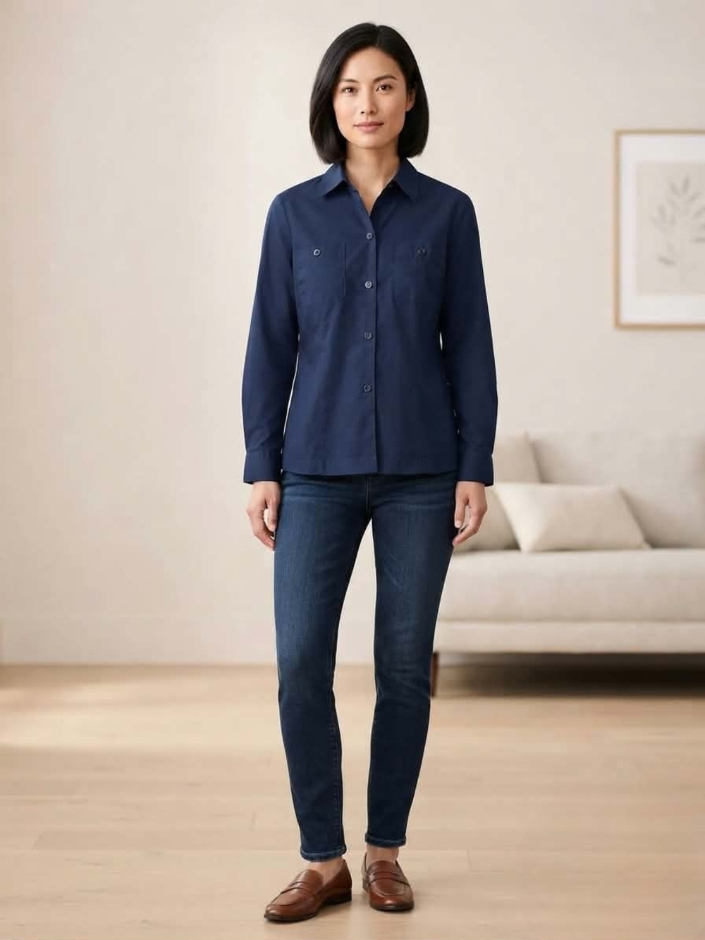 Liz Claiborne Lizsport Petite Navy Blue Long-Sleeve Button-Down Shirt